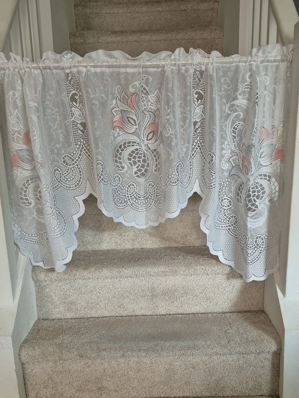 Sheer Lace Swag Curtain Valance with Pink Floral Accents 58x30
